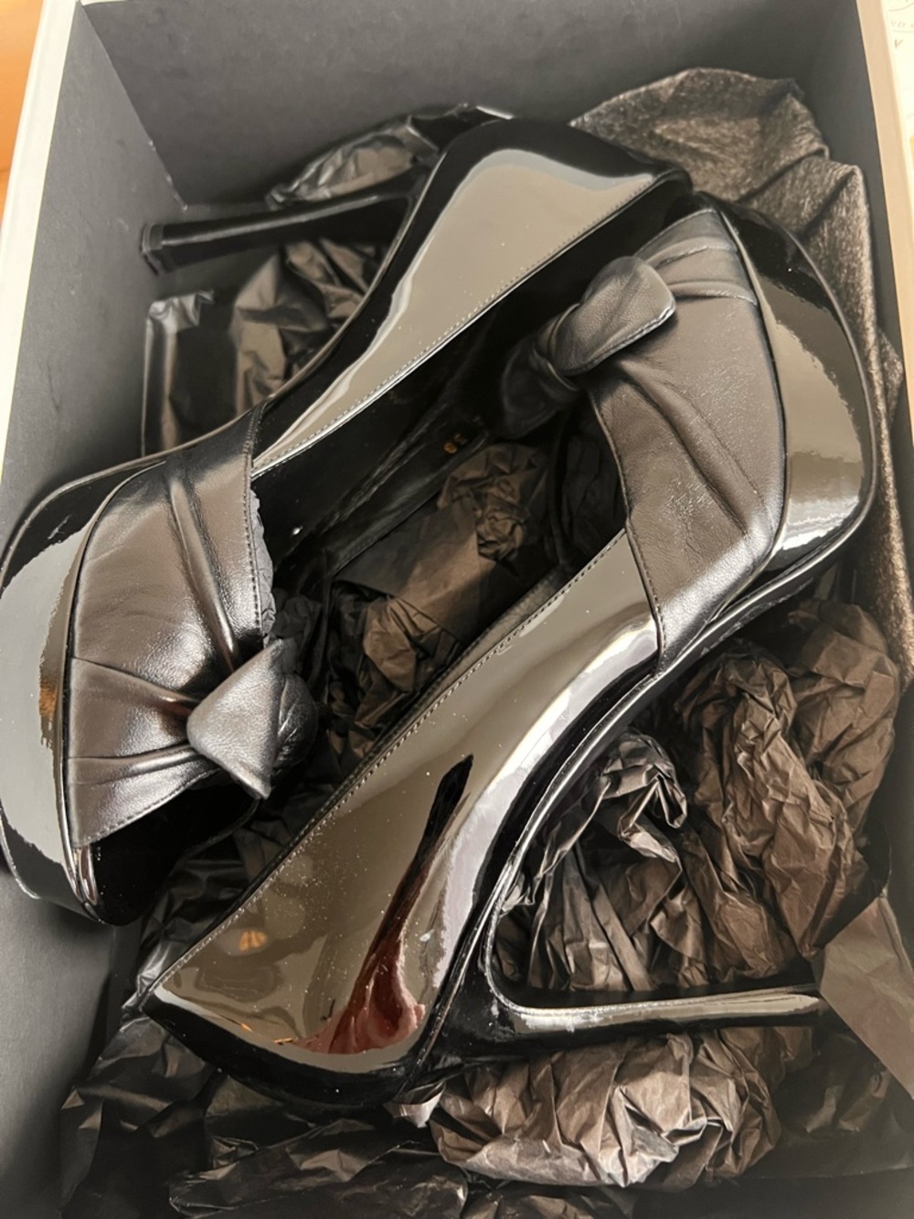 Yves Saint Laurent Black Patent & Leather Knotted Peep-Toe Heels - Picture 3 of 5